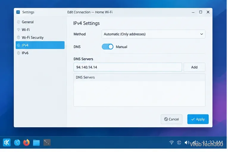 Paramètres IPv4 de KDE avec 94.140.14.14 saisi dans le champ du serveur DNS.