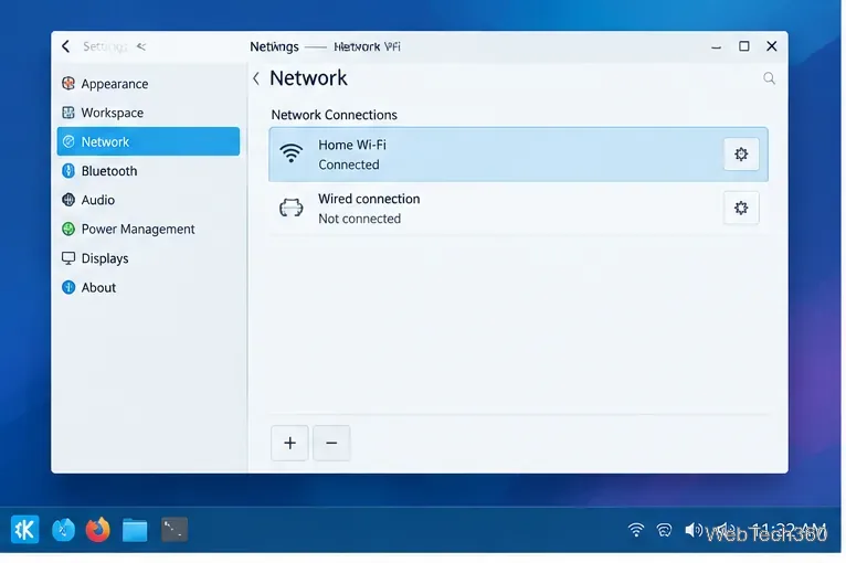 Paramètres réseau de type KDE affichant le Wi-Fi domestique sélectionné dans la liste des connexions.