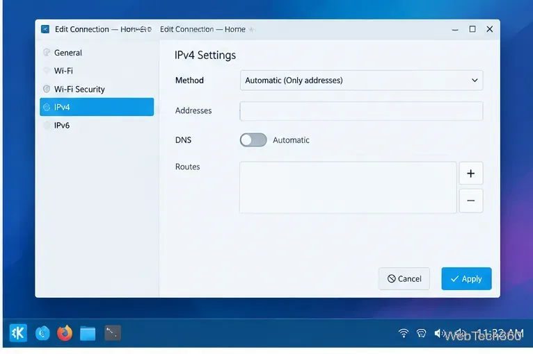 Paramètres IPv4 de KDE avec l'option DNS automatique désactivée.