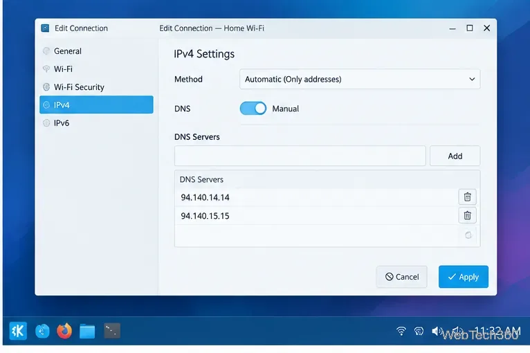 Paramètres IPv4 de KDE listant les deux serveurs DNS AdGuard, 94.140.14.14 et 94.140.15.15.
