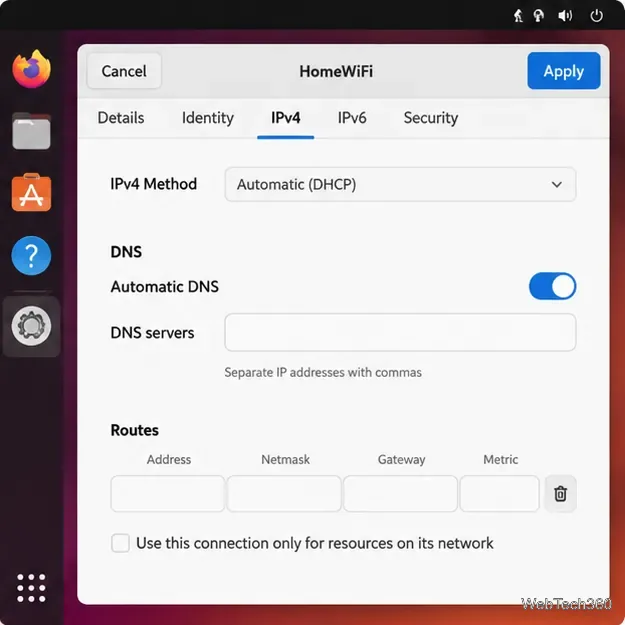 Paramètres IPv4 de GNOME avec l'option DNS automatique activée avant la saisie d'un DNS personnalisé.