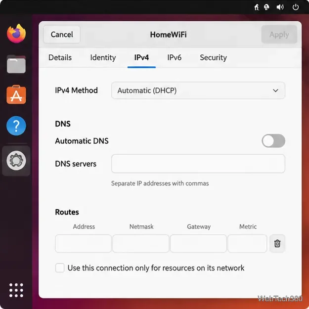 Paramètres IPv4 de GNOME avec DNS automatique désactivé et le champ du serveur DNS prêt pour les adresses personnalisées.