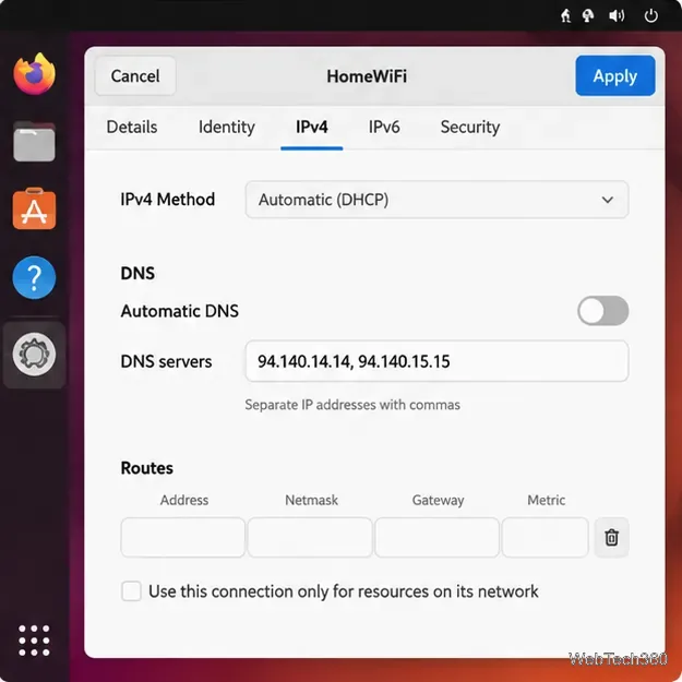 Paramètres IPv4 de GNOME avec les adresses DNS AdGuard 94.140.14.14 et 94.140.15.15 saisies.