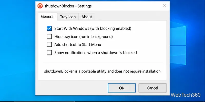 В окне настроек ShutdownBlocker, где выбран параметр «Запускать при загрузке Windows с включенной блокировкой»,