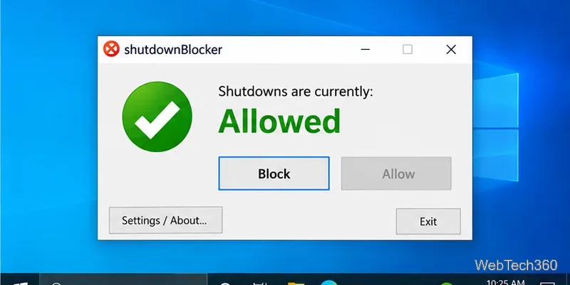В окне ShutdownBlocker в Windows 10 отображаются разрешенные завершения работы и доступна кнопка «Блокировать».