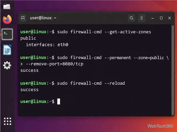 Linux terminal showing the active firewalld zone, removal of TCP port 8080, and a firewall reload