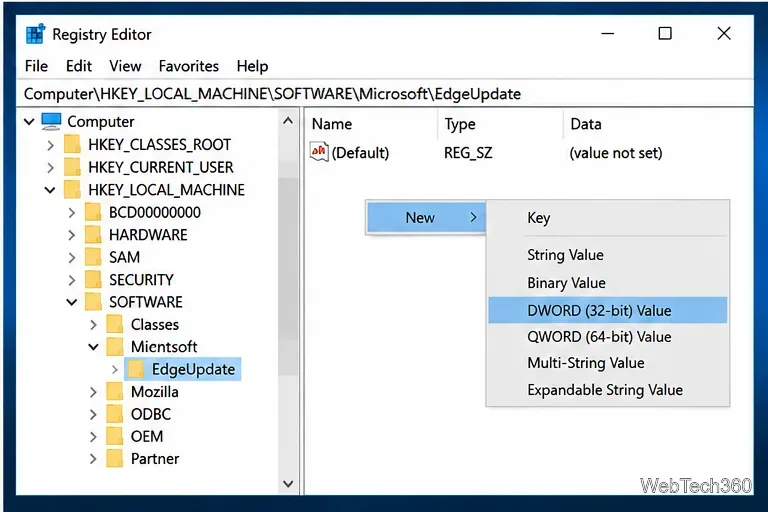 Registry Editor New submenu with DWORD 32-bit Value highlighted