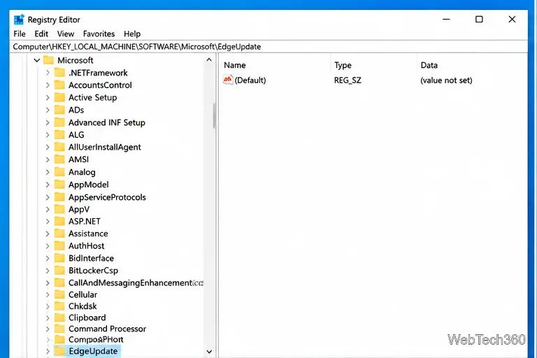 Registry Editor showing the EdgeUpdate key before the blocker DWORD is configured