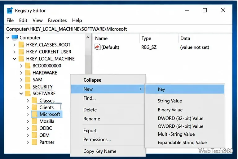 Registry Editor New menu showing the option to create a key
