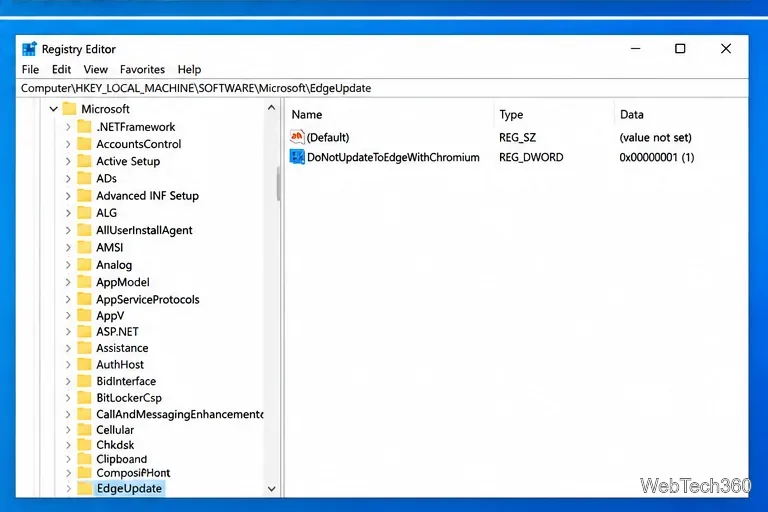 Registry Editor showing DoNotUpdateToEdgeWithChromium as a REG_DWORD with data 0x00000001