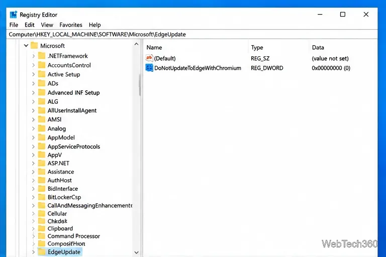 Registry Editor showing the DoNotUpdateToEdgeWithChromium DWORD value before changing its data