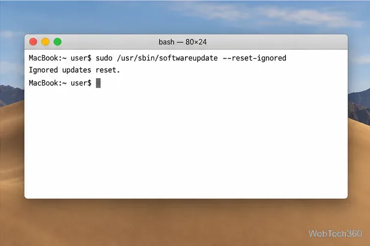 Illustration de la commande reset-ignored du terminal Mojave utilisée pour restaurer des mises à jour logicielles précédemment masquées.
