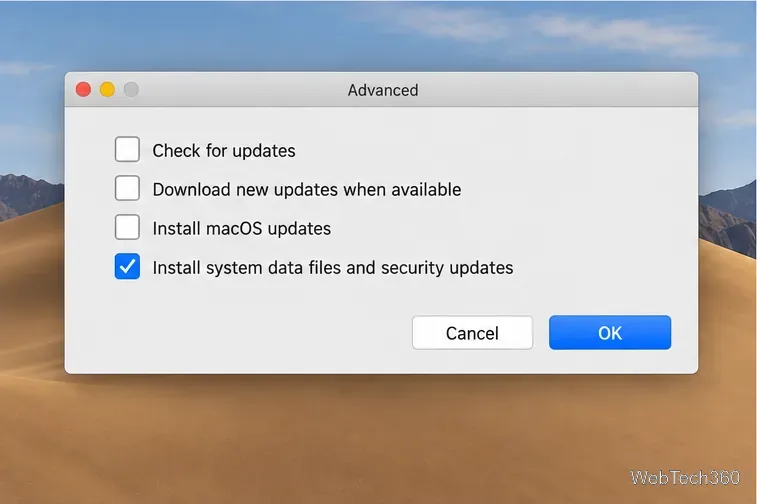 Illustration des paramètres avancés de mise à jour logicielle de Mojave, avec les mises à jour de sécurité sélectionnées, la vérification générale et les options d'installation de macOS affichées.