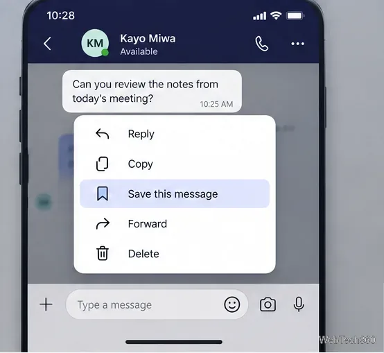 Schermata di messaggistica mobile con il menu delle azioni del messaggio aperto e l'opzione "Salva questo messaggio" evidenziata.