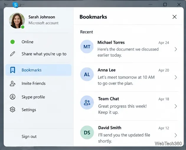 Precedente menu del profilo Skype con l'opzione Segnalibri selezionata e un elenco di messaggi salvati accanto.