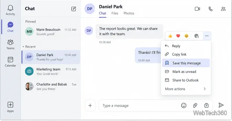 Chat desktop di Microsoft Teams con un menu dei messaggi con tre puntini che mostra "Salva questo messaggio".