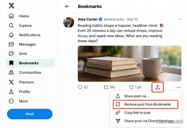 Xデスクトップのブックマークビューで、共有メニューに「ブックマークから投稿を削除」が表示されている。