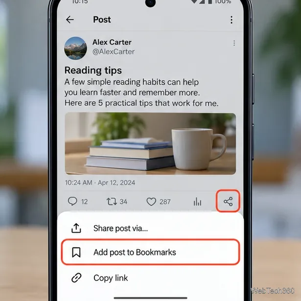 Android Xの投稿画面で、共有メニューが開いており、「投稿をブックマークに追加」がハイライト表示されています。