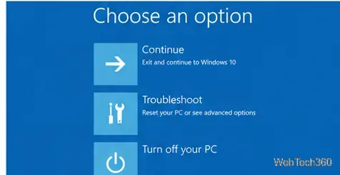 Recuperación de Windows. Seleccione una opción en la pantalla. Continúe, Solucione problemas y Apague su PC.