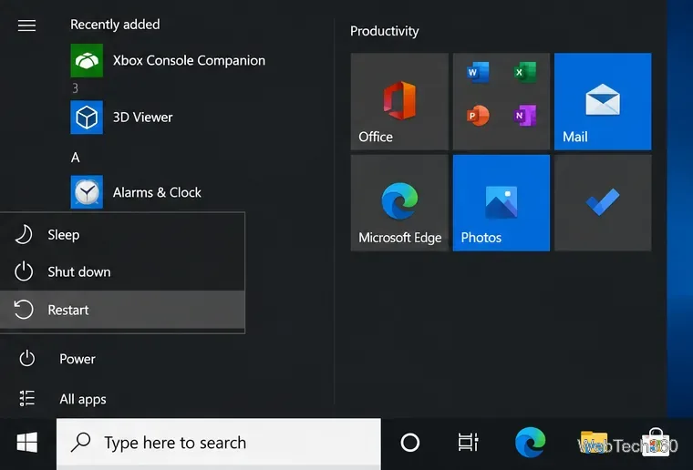 Menú de inicio de Windows 10 que muestra el menú de Energía con Reiniciar resaltado.