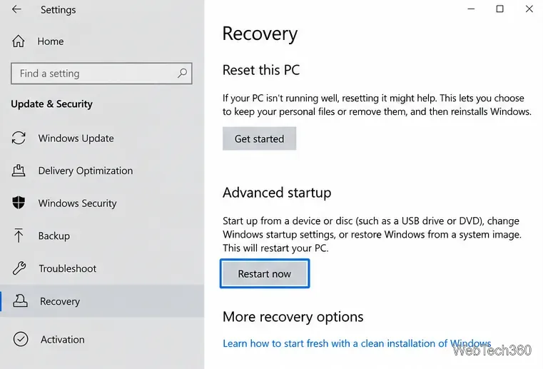 Configuración de recuperación de Windows 10 con inicio avanzado y el botón Reiniciar ahora.