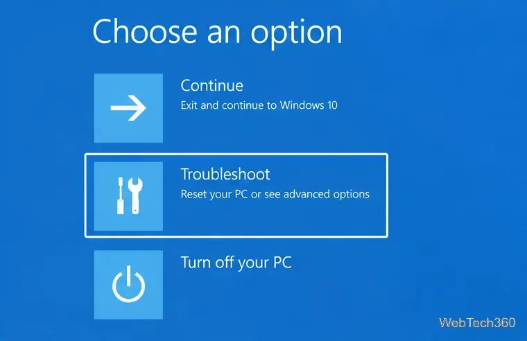 Pantalla de recuperación de Windows azul: Elija una opción con la solución de problemas resaltada.