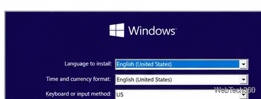 Campos de selección de idioma, formato de hora y teclado para la configuración de Windows.