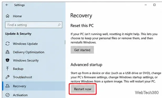 Panel de configuración de recuperación de Windows 10 con la opción Reiniciar ahora resaltada