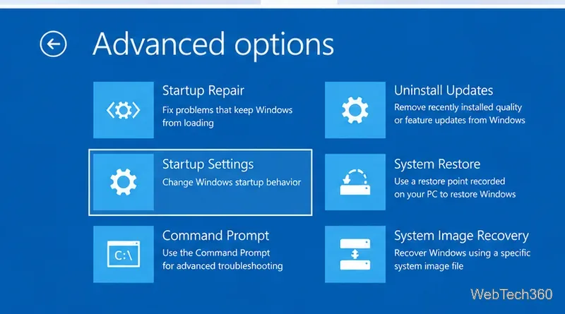 Windows回復の詳細オプション(スタートアップ設定が強調表示されています)