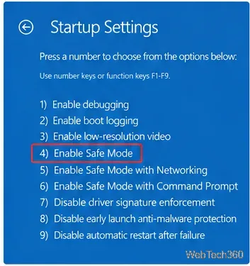 Windowsの起動設定では、セーフモードがオプション4、ネットワーク接続ありのセーフモードがオプション5として表示されます。