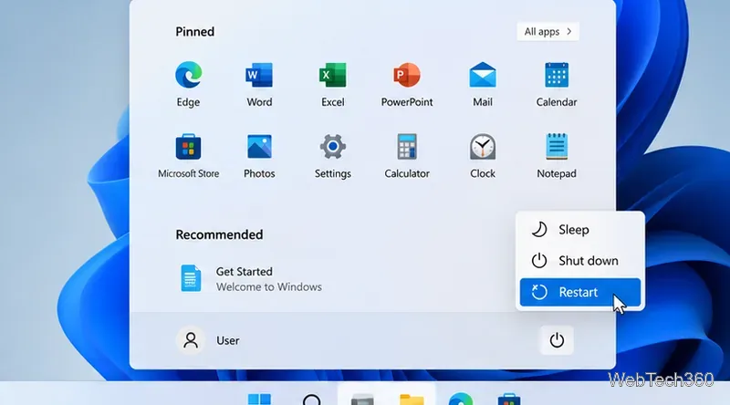 Windows 11のスタートメニューの電源オプションで「再起動」がハイライト表示されている。