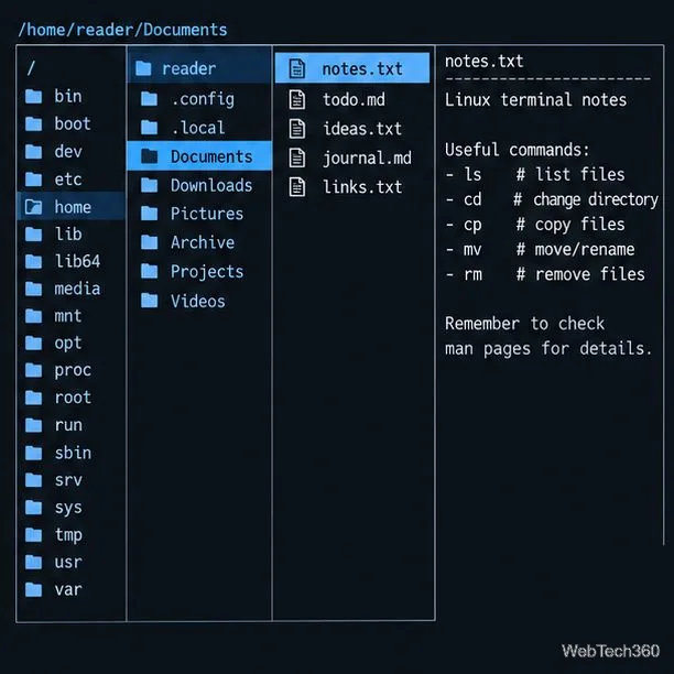 Ranger with notes.txt highlighted and a text preview in the right-hand column.