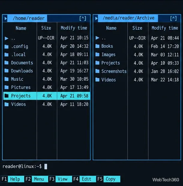 Midnight Commander with two file panels, showing the home directory and a mounted Archive folder.