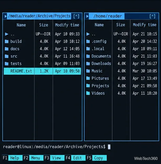 Midnight Commander with a README.txt file highlighted in the mounted Archive projects folder.