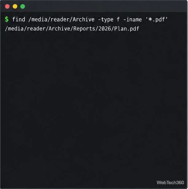 A find command searching a mounted Archive directory for PDF files and returning a matching path.