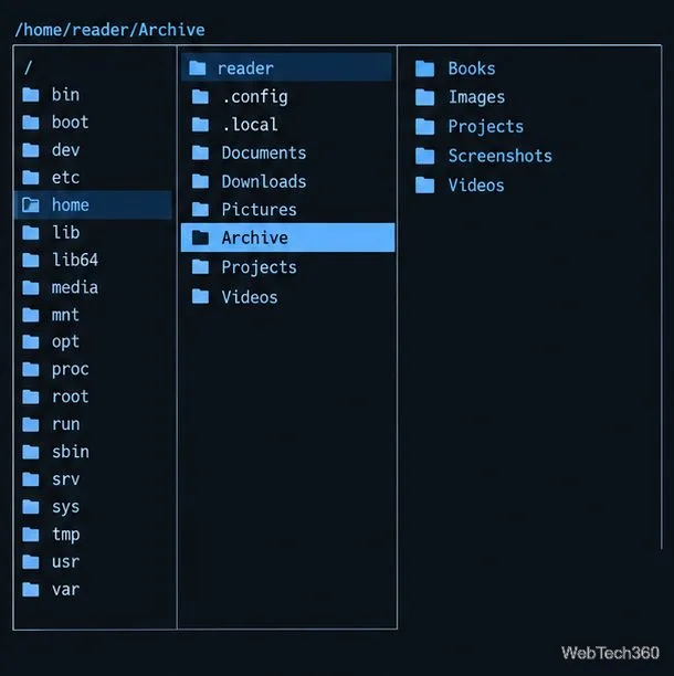 Ranger showing parent, current, and child-directory columns with Archive selected.