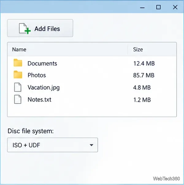 Proiect ilustrativ de disc de date cu opțiunea Adăugare fișiere, o listă de foldere și fișiere și fișiere ISO plus UDF selectate ca sistem de fișiere pentru disc.