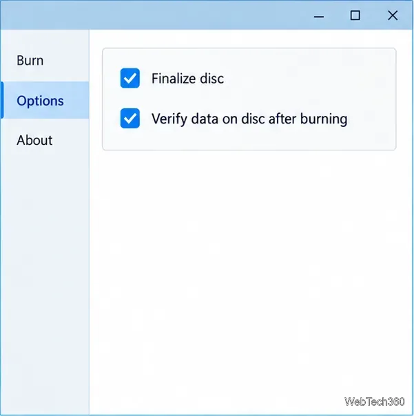 Panou ilustrativ Opțiuni BurnAware cu opțiunile Finalizare disc și Verificare date pe disc după ardere bifate.