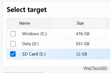 Eine beispielhafte Zielliste zeigt, dass die SD-Karte (E:) separat von den internen Laufwerken Windows und Daten ausgewählt wurde.