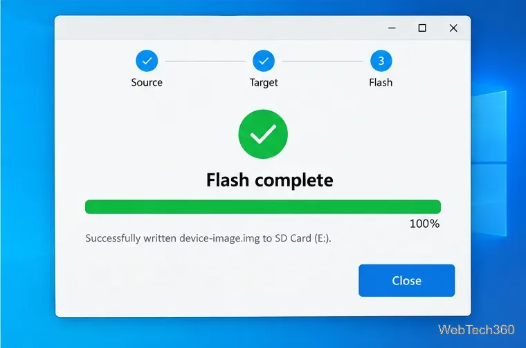 Ein illustratives, blinkendes Fenster zeigt einen vollständigen Fortschrittsbalken und den Status „Flash abgeschlossen“.