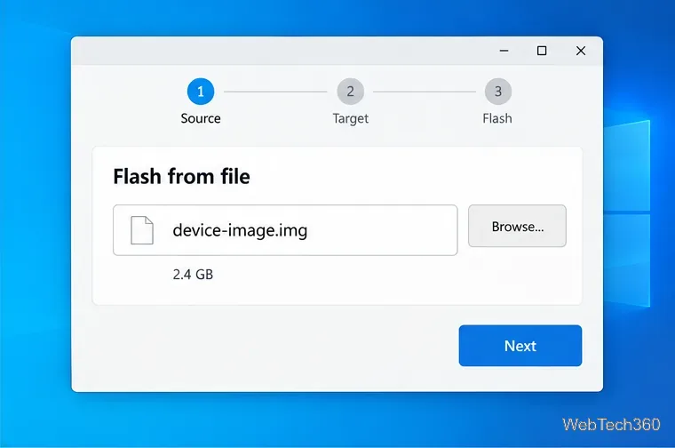 Ein beispielhaftes Fenster mit blinkenden Bildern zeigt Flash aus einer Datei, wobei device-image.img ausgewählt ist.