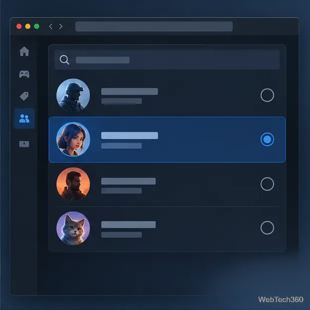 Un mockup di lista amici scura mostra il profilo di un destinatario selezionato, evidenziato in blu.