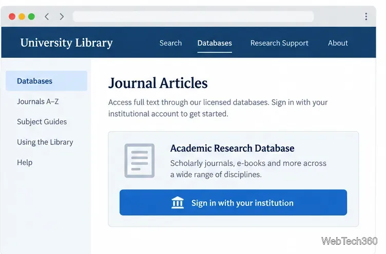 صفحة قاعدة بيانات مكتبة جامعية تحتوي على زر تسجيل دخول مؤسسي للوصول إلى المجلات.