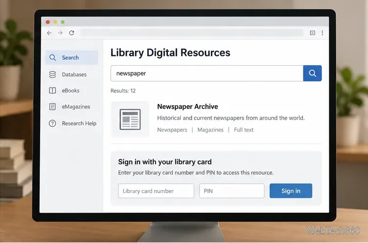 فهرس للموارد الرقمية للمكتبة يعرض أرشيفًا للصحف وحقول تسجيل الدخول باستخدام بطاقة المكتبة.