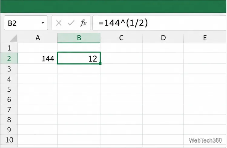 Planilha do Excel mostrando =144^(1/2) na barra de fórmulas e 12 como resultado.