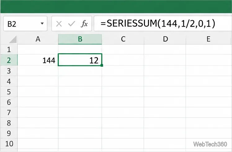 Planilha do Excel mostrando =SOMA.DA.SÉRIE(144;1/2;0;1) na barra de fórmulas e o resultado 12.
