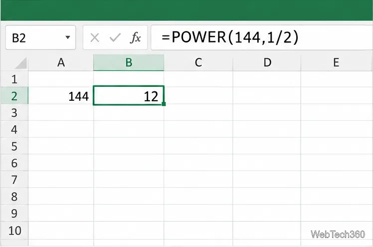 Planilha do Excel mostrando =POTÊNCIA(144,1/2) na barra de fórmulas e o resultado 12.