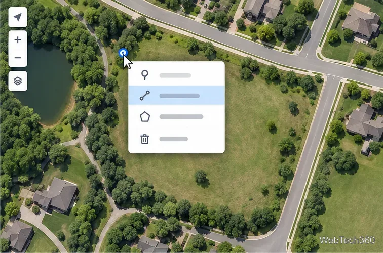 Esempio di menu contestuale della mappa desktop con l'azione di misurazione della distanza evidenziata vicino al punto di partenza.