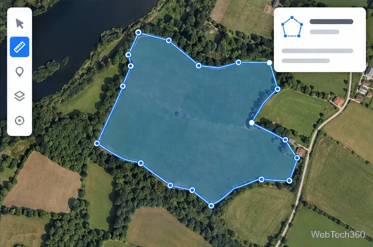 Mappa satellitare illustrativa con un poligono blu chiuso e una tabella di misurazione dell'area sulla destra.