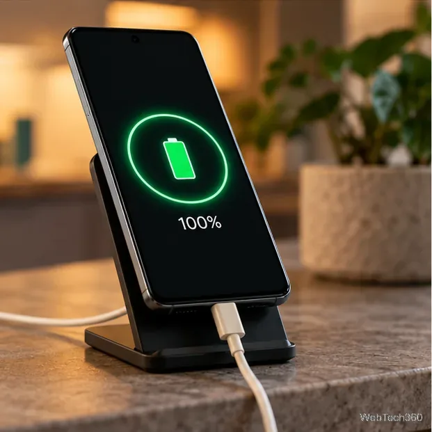 Um telefone apoiado em uma base de carregamento com o ícone de bateria cheia e 100% na tela.
